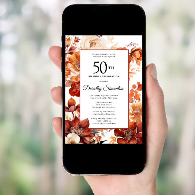 Terracotta Orange Fall Flowers 50th Birthday Invitation (Front Digital)