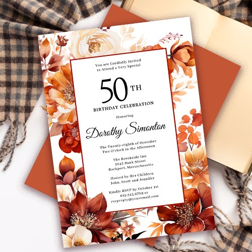 Terracotta Orange Fall Flowers 50th Birthday Invitation