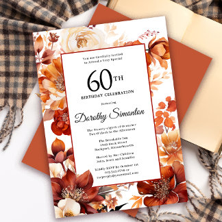 Terracotta Orange Fall Flowers 60th Birthday Invitation