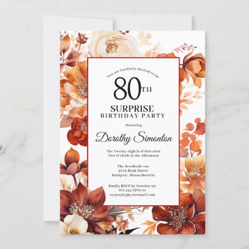 Terracotta Orange Fall Flowers 80th Birthday Invitation