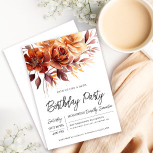 Terracotta Orange Fall Flowers 90th Birthday Invitation
