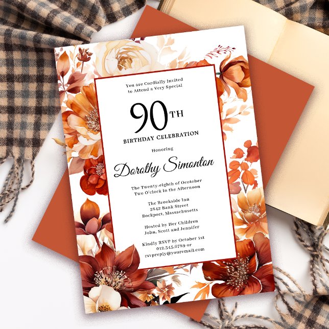 Terracotta Orange Fall Flowers 90th Birthday Invitation (Need a matching fall Floral Welcome sign? Message me! Party supplies available too.)