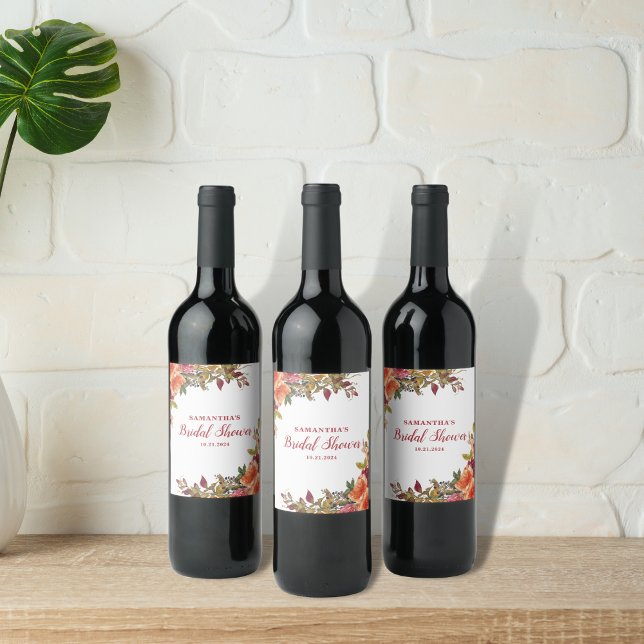 Terracotta Orange Floral Botanical Bridal Shower  Wine Label (Creator Uploaded)