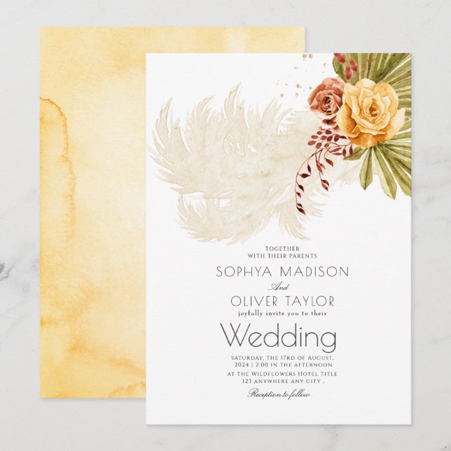 Terracotta Orange  Floral Rustic Boho Wedding  Invitation (Front/Back)
