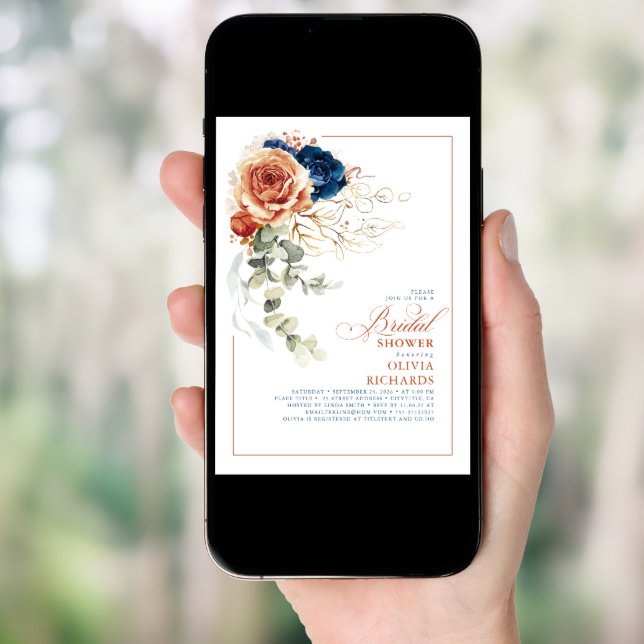 Terracotta Orange Navy Blue Fall Bridal Shower Invitation (Front Digital)