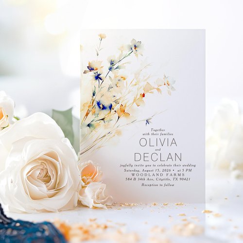 Terracotta Orange Navy Blue Floral Fall Wedding Invitation