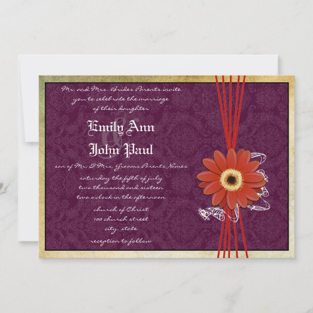 Terracotta Orange Purple Gerber Daisy Wedding  Invitation (Front)