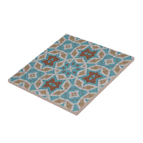 Terracotta Orange Turquoise Blue Ethnic Tribe Art Tile