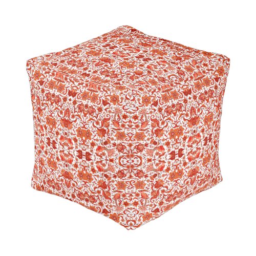 TERRACOTTA ORANGE VINTAGE TROPICAL FOLK ART CUBE POUF