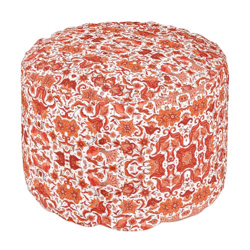 TERRACOTTA ORANGE VINTAGE TROPICAL FOLK ART ROUND POUF