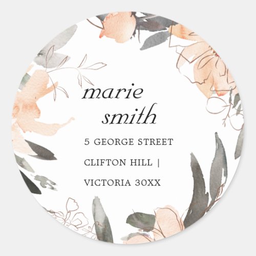 TERRACOTTA ORANGE WATERCOLOR FLORAL ADDRESS CLASSIC ROUND STICKER