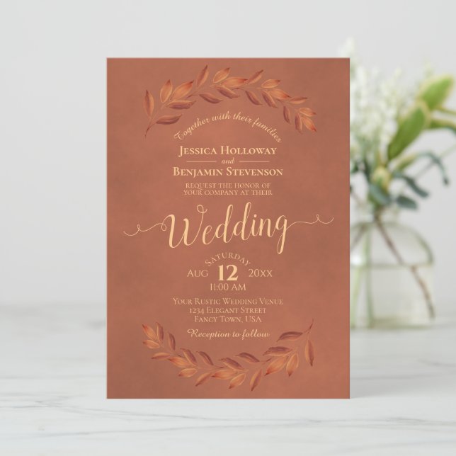 Terracotta Orange Watercolor Laurel Leaves Wedding Invitation (Standing Front)
