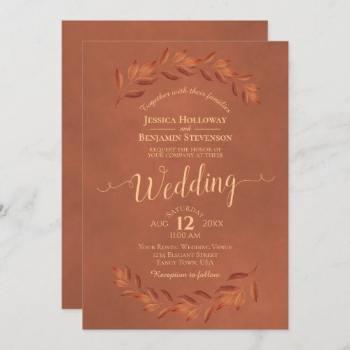 Terracotta Orange Watercolor Laurel Leaves Wedding Invitation