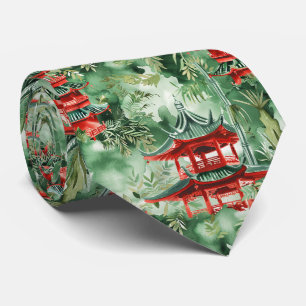 Terracotta Pagoda Asian Garden Watercolor Neck Tie