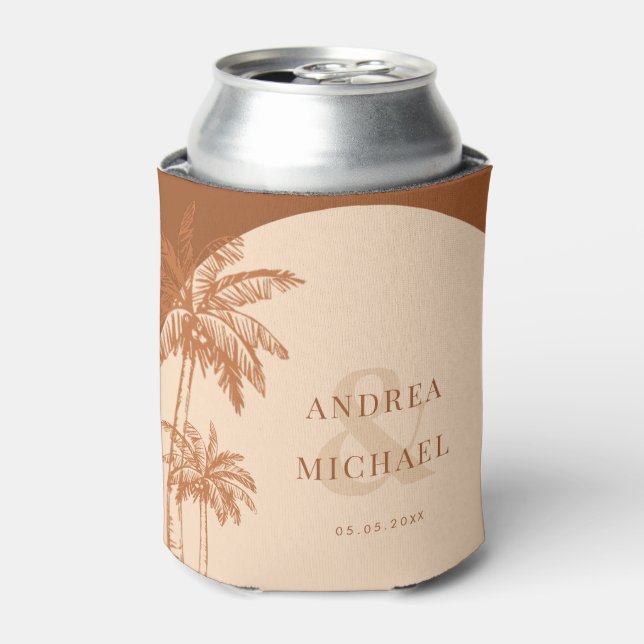 Terracotta Palm Tree Ampersand Beach Wedding Favor Can Cooler (Can Front)