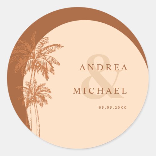 Terracotta Palm Trees  Ampersand Names Wedding Classic Round Sticker
