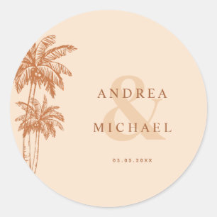Terracotta Palm Trees & Ampersand Names Wedding Classic Round Sticker