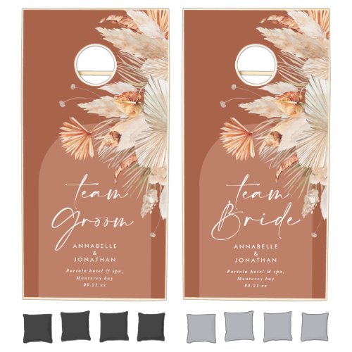 Terracotta pampas botanical wedding team bride cornhole set