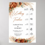 Terracotta pampas burgundy flower wedding Timeline Poster<br><div class="desc">Terracotta pampas burgundy flower wedding Timeline Sign Poster, !!! Note: Mount on heavy card stock This trendy popular design is perfect for all boho or tropical style Events. Design is featured watercolor hand painted pampas grass reeds mixed dried palm leaves mixed terracotta flowers and mixed burnt orange roses mixed copper...</div>