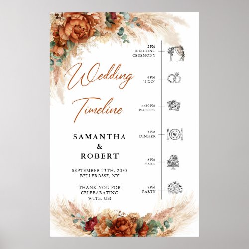 Terracotta pampas burgundy flower wedding Timeline Poster