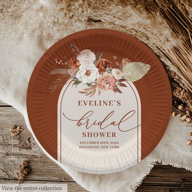Terracotta Pampas Floral Paper Plate Bridal Shower (Terracotta Pampas Floral Paper Plates for Wedding)