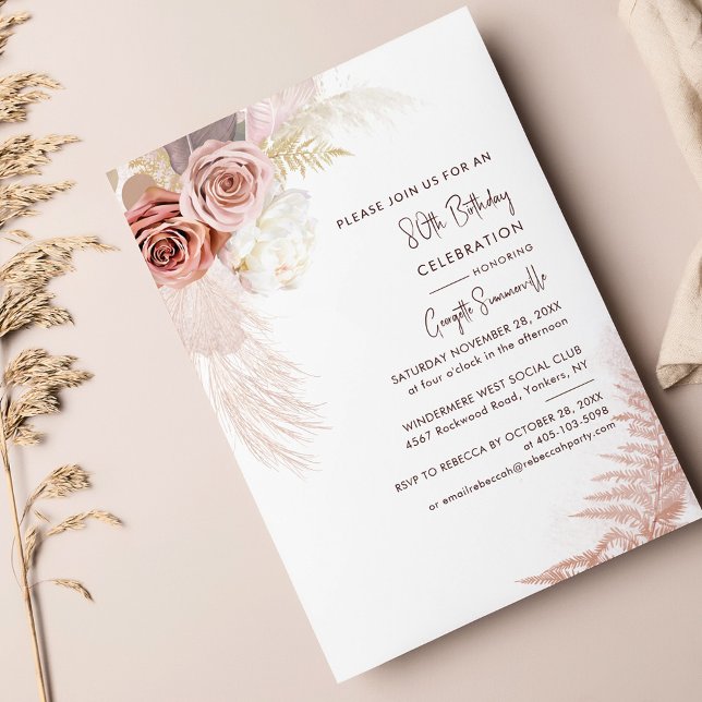 Terracotta Pampas Grass 80th Birthday Party Invitation (80th Birthday Party Pampas Grass Terracotta Fall Iinvtation)