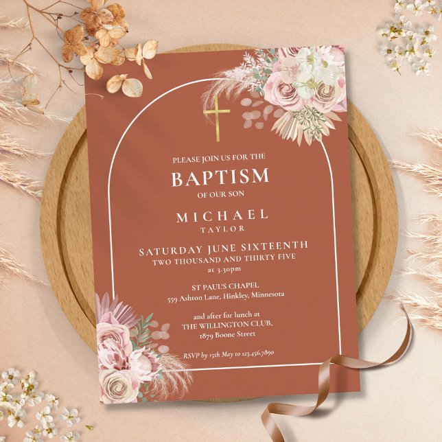 Terracotta Pampas Grass Arch Baptism Christening   Invitation Postcard (Terracotta Pampas Grass Arch Baptism Christening Invitation Postcard)