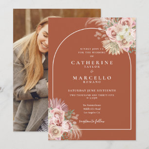 Terracotta Pampas Grass Arch Floral Photo Wedding Invitation