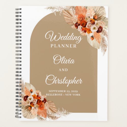 Terracotta pampas grass boho arch copper wedding planner