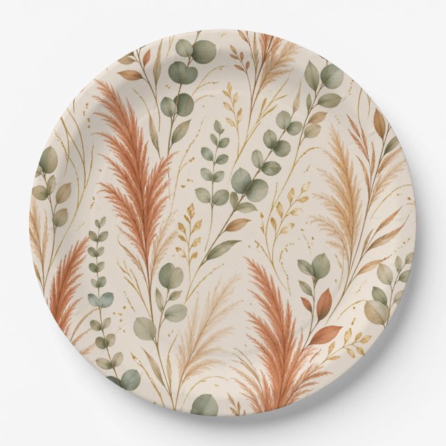 Terracotta Pampas Grass Eucalyptus Neutral Boho Paper Plates (Front)