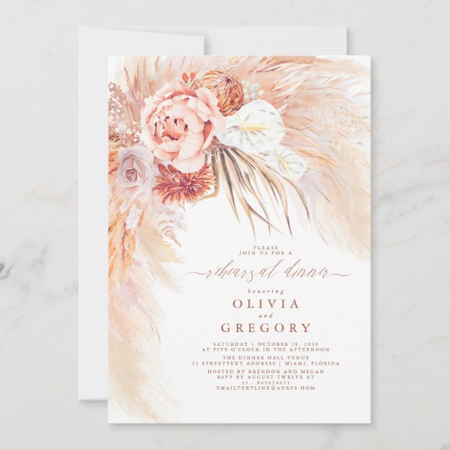 Terracotta Pampas Grass Floral Rehearsal Dinner Invitation (Front)