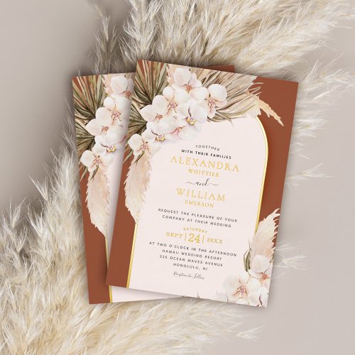Terracotta Pampas Grass Floral Tropical Wedding Foil Invitation