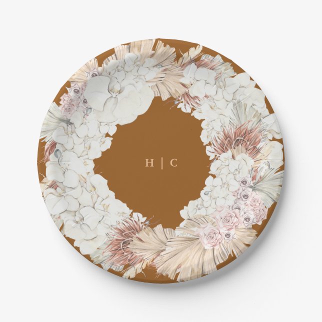 Terracotta Pampas Grass Floral Wedding Party Paper Plates (Front)