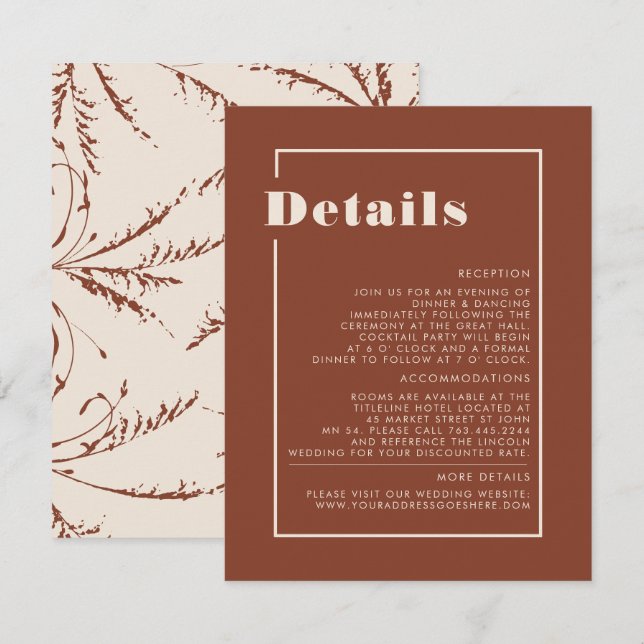 Terracotta Pampas Grass Minimalist Wedding Details Enclosure Card (Front/Back)