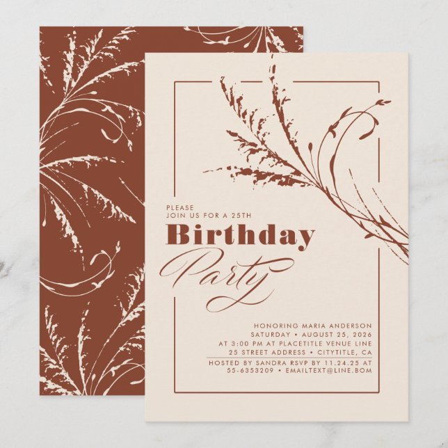 Terracotta Pampas Grass Modern Birthday Party Invitation (Front/Back)