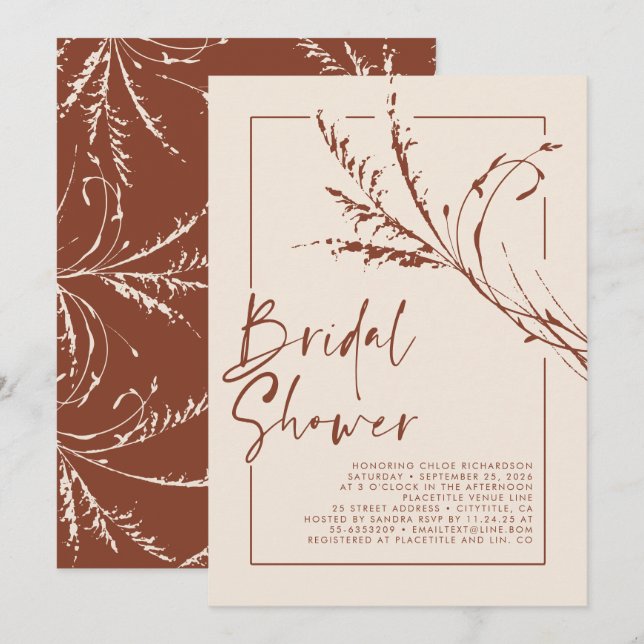 Terracotta Pampas Grass Modern Boho Bridal Shower Invitation (Front/Back)