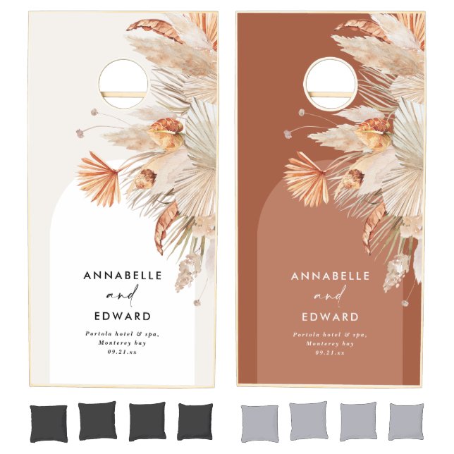 Terracotta pampas grass modern botanical wedding c cornhole set (Set)