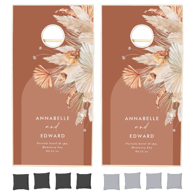 Terracotta pampas grass modern botanical wedding cornhole set (Set)