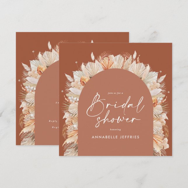Terracotta pampas grass modern bridal shower chic invitation (Front/Back)