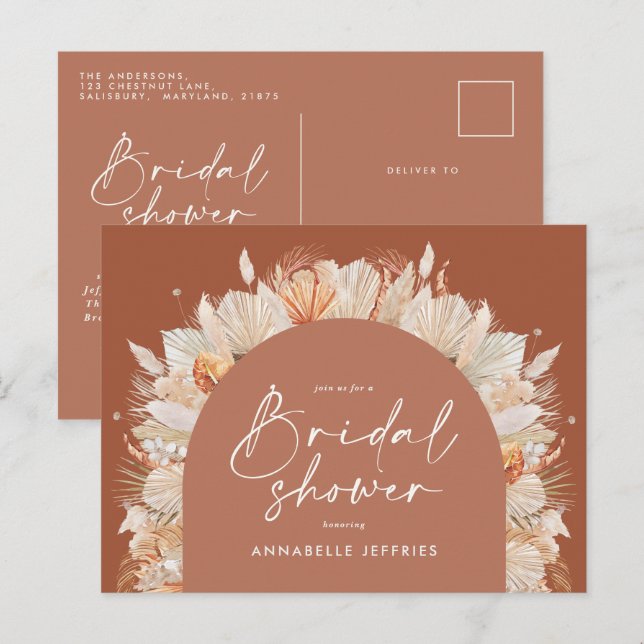 Terracotta pampas grass modern bridal shower chic  invitation postcard (Front/Back)