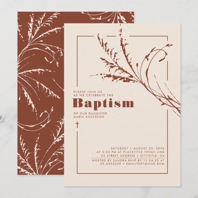 Terracotta Pampas Grass Modern Minimalist Baptism Invitation (Front/Back)