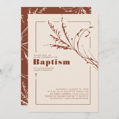 Terracotta Pampas Grass Modern Minimalist Baptism Invitation