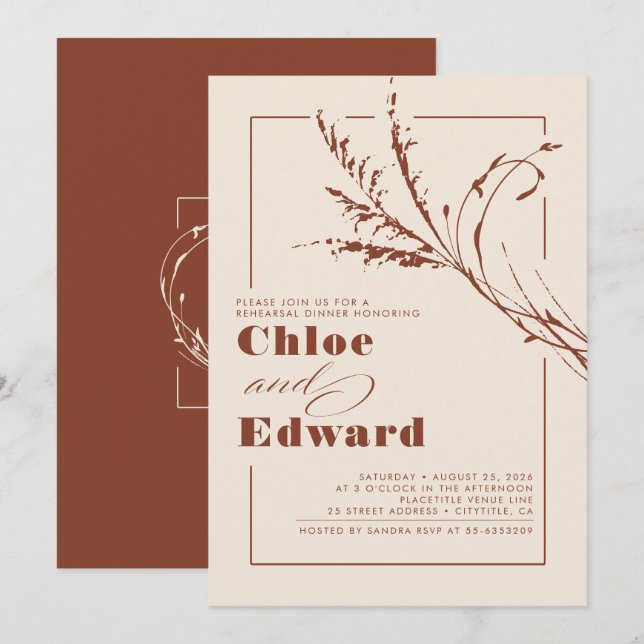 Terracotta Pampas Grass Modern Rehearsal Dinner Invitation (Front/Back)