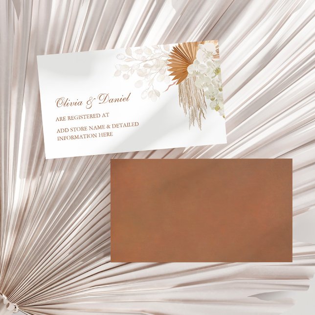 Terracotta Pampas Grass Orchid Wedding Registry Enclosure Card (Boho Terracotta Pampas Grass Orchid Registry Card on a sunny white dry palm leaf.)
