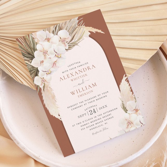 Terracotta Pampas Grass Orchids Tropical Wedding Invitation (Creator Uploaded)