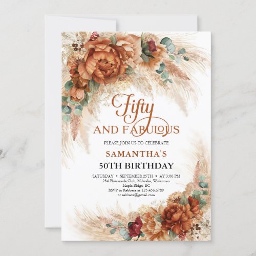 Terracotta pampas grass palm fifty and fabulous invitation
