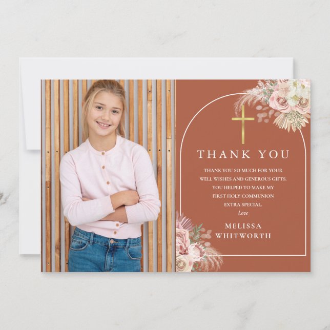 Terracotta Pampas Grass Photo First Holy Communion Thank You Card (Front)