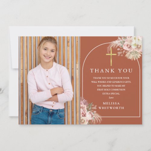 Terracotta Pampas Grass Photo First Holy Communion Thank You Card