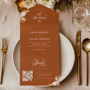 Terracotta Pampas Grass QR Code Wedding Foldable All In One Invitation