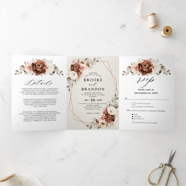 Terracotta Pampas Grass Rustic Geometric Wedding T Tri-Fold Program (Inside)